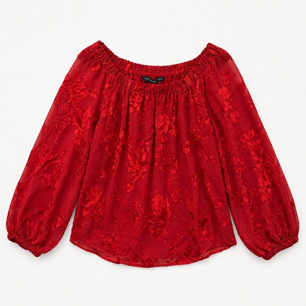 Red Floral Sheer Burnout Velvet Whimsigoth Top Silk Blend M Romantic Ethereal